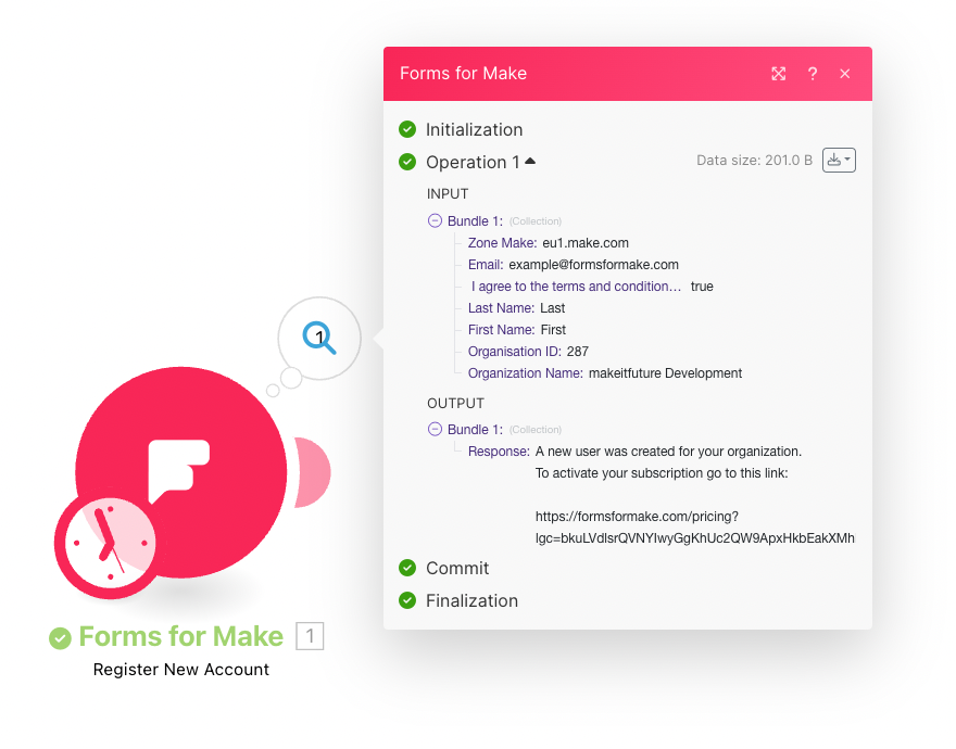 The module response showing the activation link to subscribe.