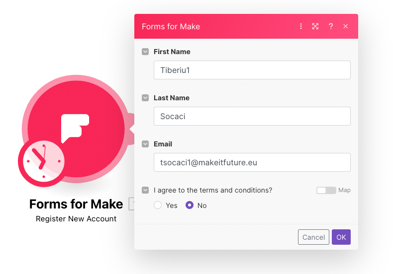 The Register New Account module in Make, with First name, Last name and Email fields.